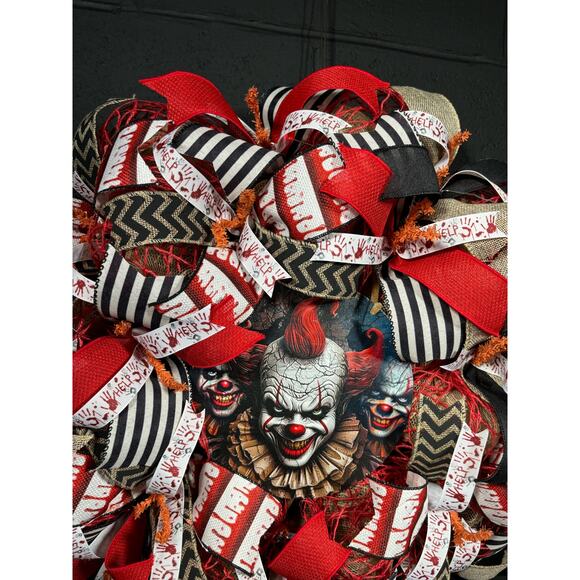 Halloween Wreath For Front Door Scary Clown Wreath Handmade 22 inch - Picture 3 of 8